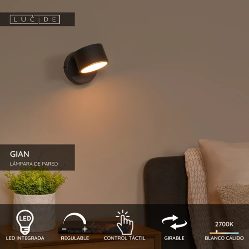 Lucide GIAN - Lámpara de pared - LED Regul. - 1x9W 2700K - Negro - USP